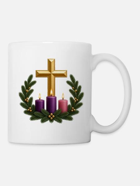 Adventskranz mit Kreuz und Kerzen - Tasse - Weiß