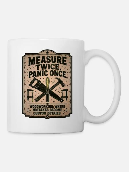 Einmal messen, einmal in Panik versetzen: Holzarbeiten - Tasse - Weiß