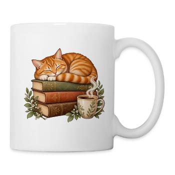 Schlafende Katze auf Büchern mit Kaffee – Cozy - Tasse - Weiß - Rechts