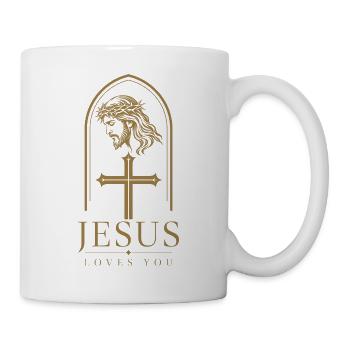 Jesus Loves You – Portrait mit Dornenkrone & Kreuz - Tasse - Weiß - Rechts