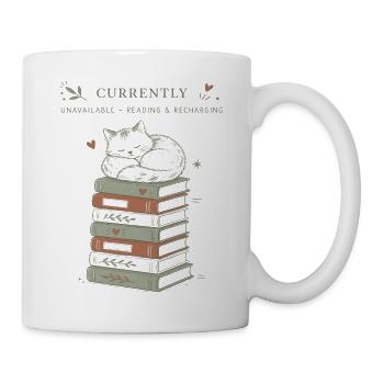 Katzenkuschel über Bücherstapel - Tasse - Weiß - Rechts