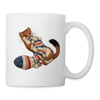 Hermelin ringt mit einer wolligen Socke - Tasse - Weiß - Rechts
