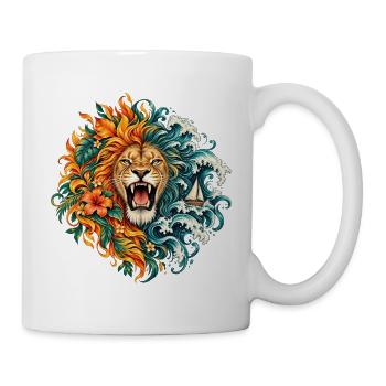Löwe brüllt zwischen Flammen und Wellen – Kunst - Tasse - Weiß - Rechts