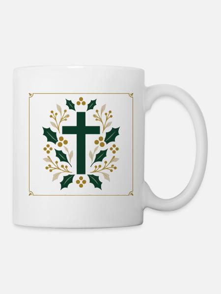 Grüner Kreuzkranz mit Stechpalmen - Tasse - Weiß