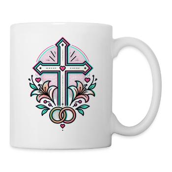 HerzKreuz Tattoo mit Blüten und Ringen - Tasse - Weiß - Rechts