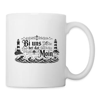Bi uns het dat Moin – Plattdeutsch Shirt - Tasse - Weiß - Rechts