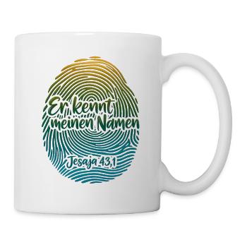 Er kennt meinen Namen – Fingerabdruck Glaube - Tasse - Weiß - Rechts