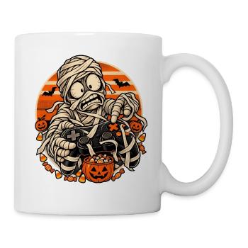 Halloween-Mumien-Gamer vor Retro-Sonne - Tasse - Weiß - Rechts