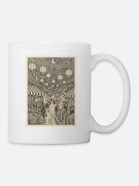 Linoleumschnitt der Laternen-Nachtmarktstraße - Tasse - Weiß