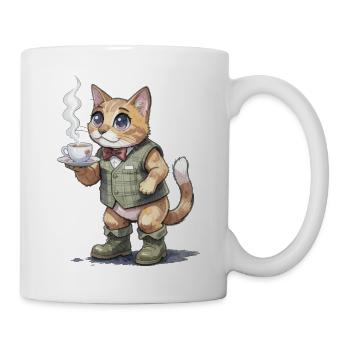 Katze im Tweed-Anzug mit Dampfender Tasse - Tasse - Weiß - Rechts