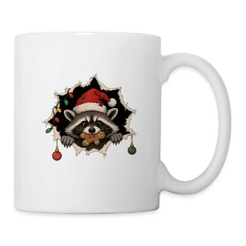 Weihnachts-Waschbär mit Lebkuchen + Nikolausmütze - Tasse - Weiß - Rechts