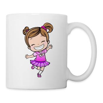 Fröhliches Mädchen im Pink Rock - Tasse - Weiß - Rechts