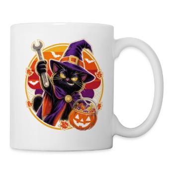 Halloween Hexenkatze mit Schraubenschlüssel - Tasse - Weiß - Rechts