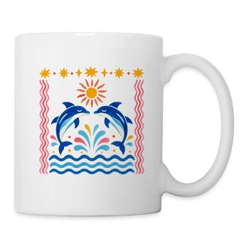 Bunte Delfine bei Sonnenaufgang - Tasse - Weiß - Rechts