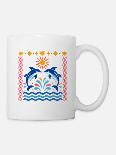 Bunte Delfine bei Sonnenaufgang - Tasse - Weiß