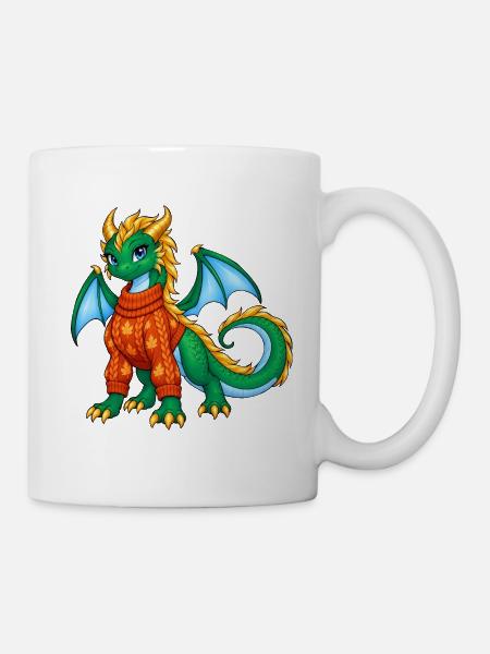 Süßes grünes Drachenmädchen im Herbstpullover - Tasse - Weiß