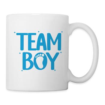 Ankündigung zur Geschlechtsenthülle zum Fußabdruck von Team Boy Baby - Tasse - Weiß - Rechts