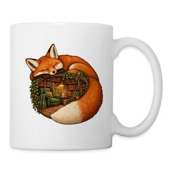 Schlafender Fuchs mit einer gemütlichen Bibliothek - Tasse - Weiß - Rechts