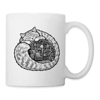 Schlafende Katze mit einer gemütlichen Bibliothek - Tasse - Weiß - Rechts