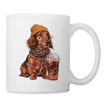 Langhaardackel mit Leo-Schal und Eiskaffee - Tasse - Weiß - Rechts