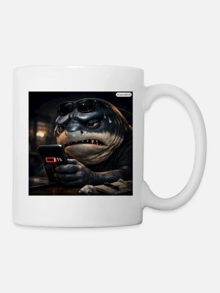 Hai_mit_Handy-_Akku1- - Tasse - Weiß