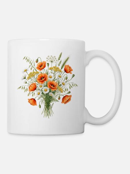 Wildblumenstrauß mit Mohn und Kamille - Tasse - Weiß