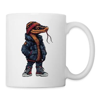Schlange mit dunkler Winterjacke und Mütze - Tasse - Weiß - Rechts