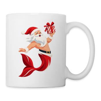 Weihnachtsmann mit Fischschwanz und Geschenk  - Tasse - Weiß - Rechts