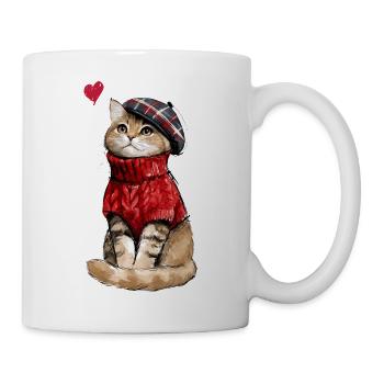 Süße Katze mit Baskenmütze und Strickpullover - Tasse - Weiß - Rechts