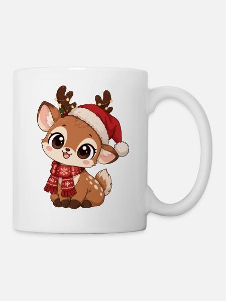 Süßer Elch mit Weihnachtsmütze - Tasse - Weiß