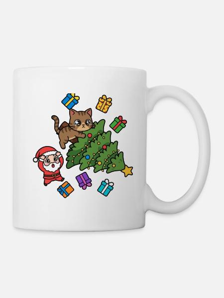 Verspielte Katze mit Weihnachtsbaum - Tasse - Weiß