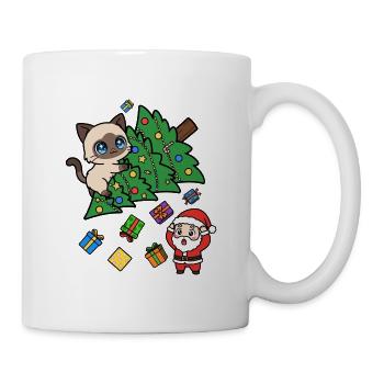 Weihnachtskatze zwischen Baum und Geschenken - Tasse - Weiß - Rechts