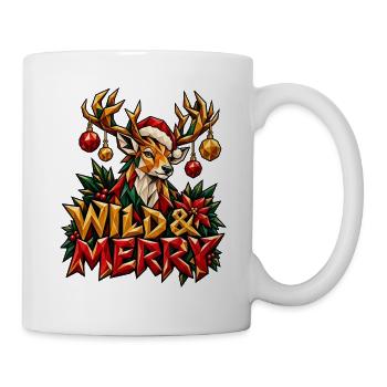 Wild and Merry Rentier Weihnachten Low Poly Shirt - Tasse - Weiß - Rechts