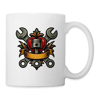 Schraubenschlüssel Herz Kolben Biker Tattoo T-Shir - Tasse - Weiß - Rechts