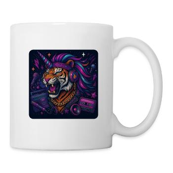 Tiger mit Einhorn und Kopfhörern im Retrolook - Tasse - Weiß - Rechts