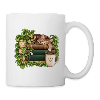 Katzenruhe auf Bücherstapel - Tasse - Weiß - Rechts