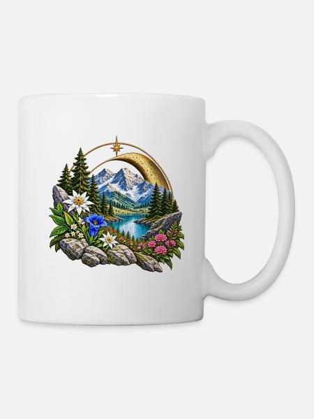 Bergsee-Landschaft im Goldring - Tasse - Weiß