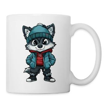 Wolf mit Winterjacke und Mütze - Tasse - Weiß - Rechts