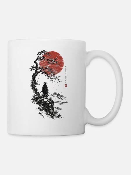 Roter Mond, Bonsai und Samurai - Tasse - Weiß