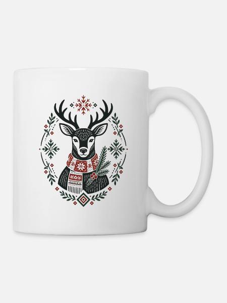 Winterhirsch mit Schneeflocken nordisches Design - Tasse - Weiß