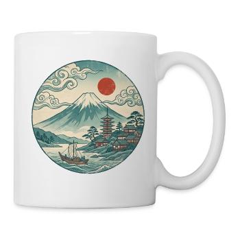 Fuji mit roter Sonne und Pagode - Tasse - Weiß - Rechts