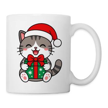Kawaii-Katze mit Weihnachtsgeschenk - Tasse - Weiß - Rechts