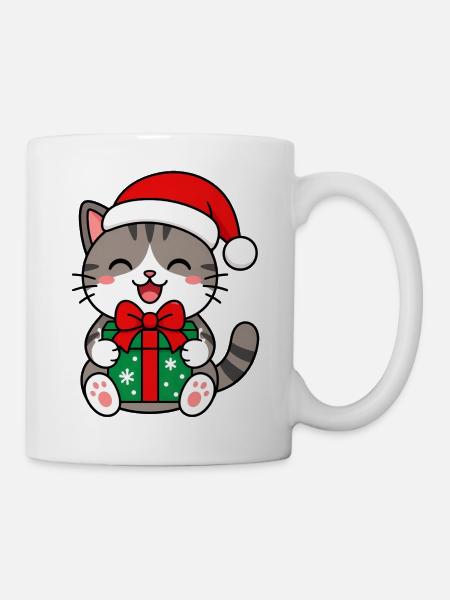 Kawaii-Katze mit Weihnachtsgeschenk - Tasse - Weiß