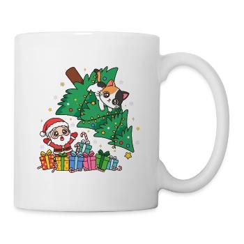 Weihnachtskatze zwischen Baum und Geschenken - Tasse - Weiß - Rechts