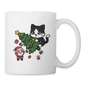 Weihnachtskatze umarmt festlichen Baum - Tasse - Weiß - Rechts