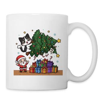 Katze schiebt Weihnachtsbaum - Tasse - Weiß - Rechts