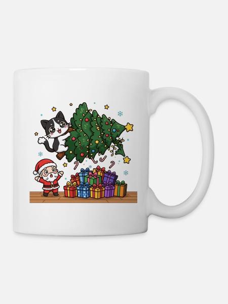 Katze schiebt Weihnachtsbaum - Tasse - Weiß