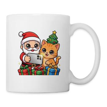 Weihnachts-Selfie: Weihnachtsmann und Katze - Tasse - Weiß - Rechts