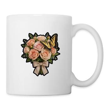 Pfirsichrosen mit Schmetterling - Tasse - Weiß - Rechts