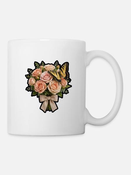 Pfirsichrosen mit Schmetterling - Tasse - Weiß